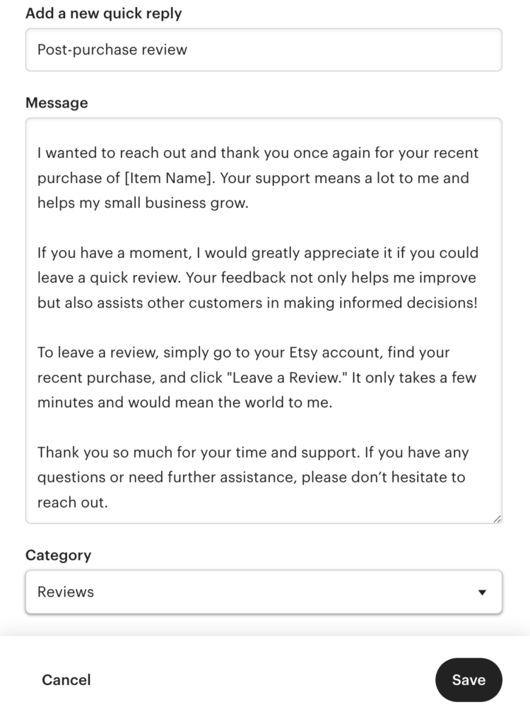 setting up a post-purchase review message